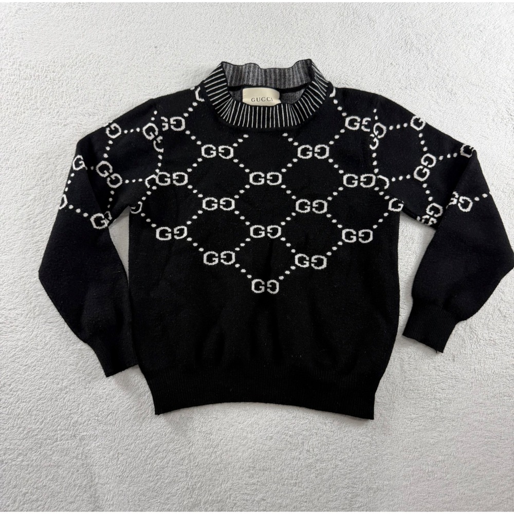 Gucci Black White GG Monogram Jacquard Knit Mock Neck Sweater Logo Pullover